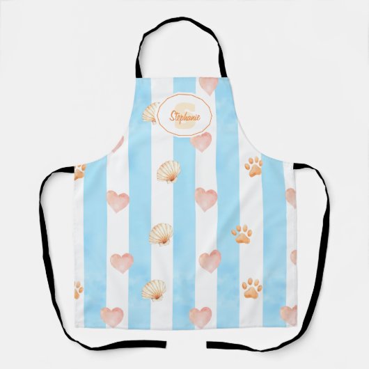 青と白のストライプハート-, Paw Print, Shell エプロン (正面)