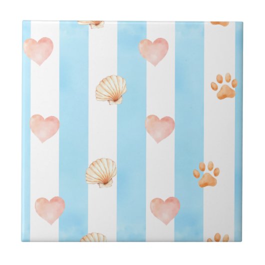 青と白のストライプハート-, Paw Print, Shell タイル (正面)