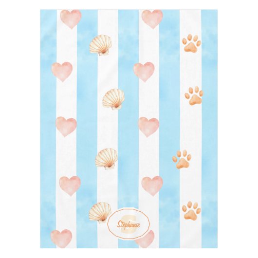 青と白のストライプハート-, Paw Print, Shell テーブルクロス (正面)