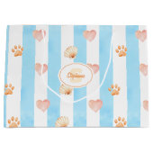 青と白のストライプハート-, Paw Print, Shell ラージペーパーバッグ (正面)