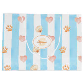 青と白のストライプハート-, Paw Print, Shell ラージペーパーバッグ (裏面)