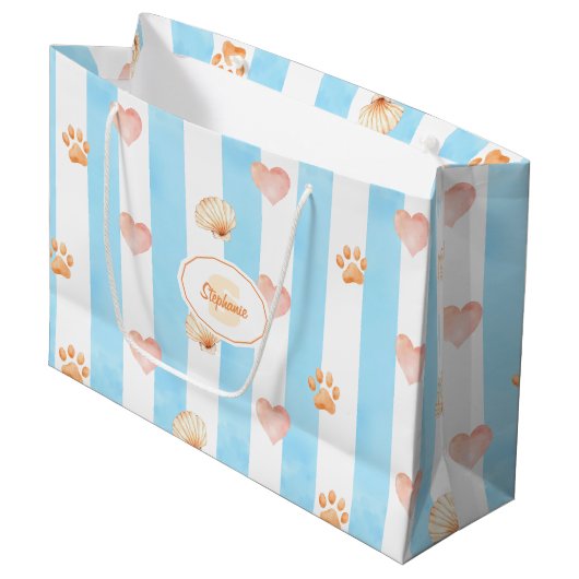 青と白のストライプハート-, Paw Print, Shell ラージペーパーバッグ (正面アングル)