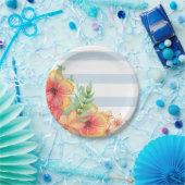 青と白のストライプフローラ ペーパープレート (パーティー)