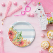 青と白のストライプフローラ ペーパープレート (パーティー)