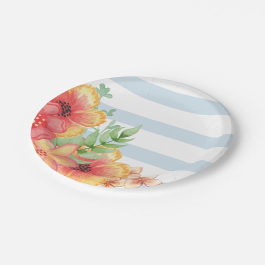 青と白のストライプフローラ ペーパープレート (アングル)