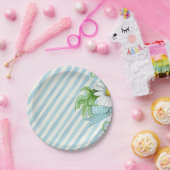 青と白のストライプフローラ ペーパープレート (パーティー)