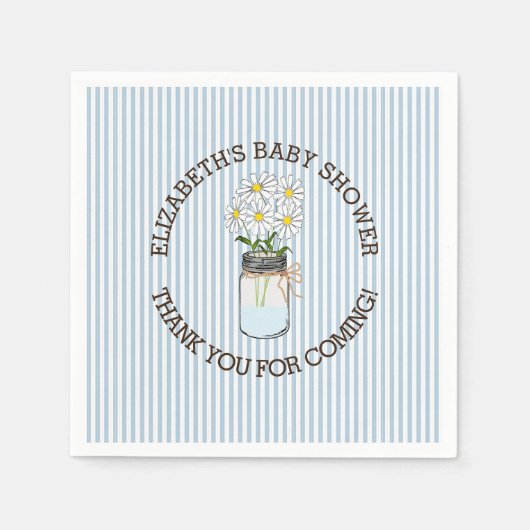青と白のストライプMason Jar Baby Shower付き スタンダードカクテルナプキン (正面)