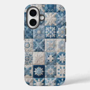 青と白のスノーフレークのキルト iPhone 16ケース
