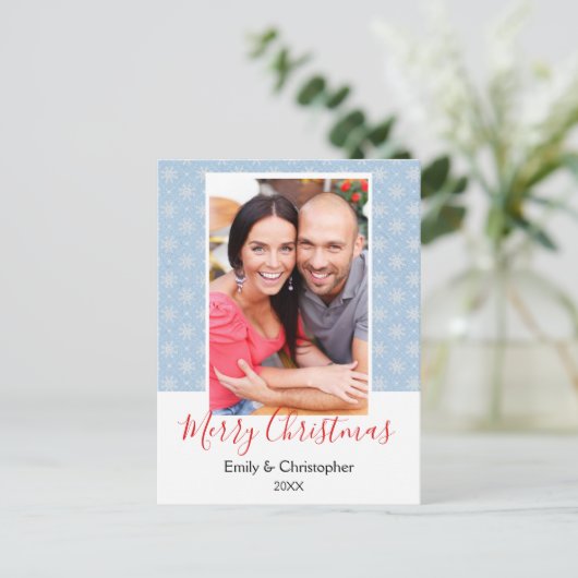 青と白のスノーフレークのクリスマスフォトカード シーズンポストカード (スタンド正面)