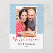 青と白のスノーフレークのクリスマスフォトカード シーズンポストカード (正面)