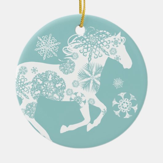 青と白のスノーフレークのクリスマスホース セラミックオーナメント (正面)