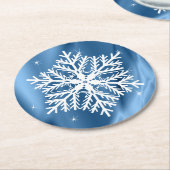 青と白のスノーフレーク冬の休日クリスマス ラウンドペーパーコースター (アングル)