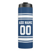 青と白のスポーツジャージストライプズの名前カスタム タンブラー (正面)