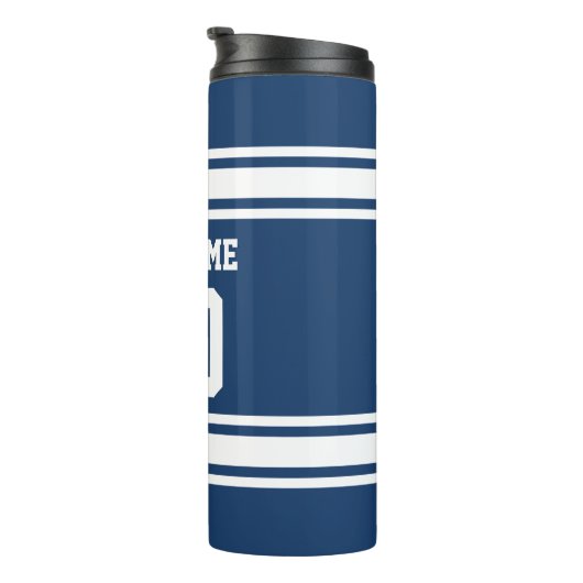 青と白のスポーツジャージストライプズの名前カスタム タンブラー (回転右)