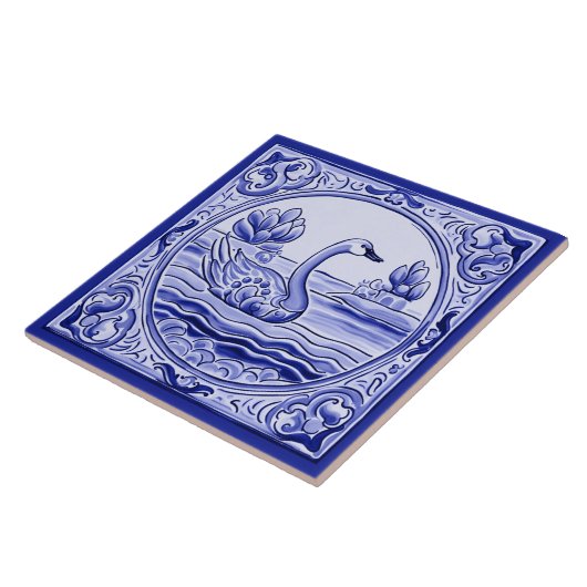 青と白のスワンガチョウ地中海のフォークアート タイル (側面)