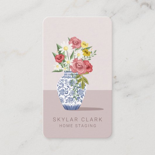 青と白のセラミック花瓶ブーケ、ホームステージング 名刺