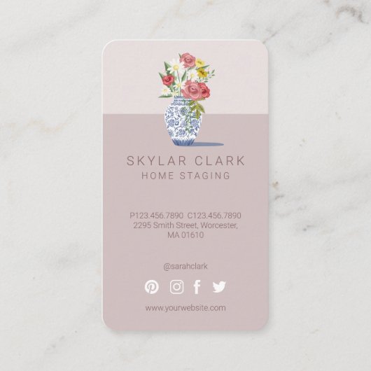 青と白のセラミック花瓶ブーケ、ホームステージング 名刺 (裏面)