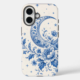 青と白のセレスティアル・シノワズリ三日月デザイン iPhone 16ケース