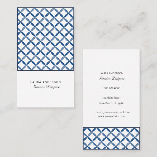 青と白のタイルインテリアデザイナー名刺 名刺 (正面/裏面)