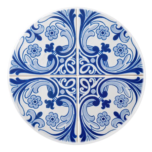 青と白のタイルクラシックルックセラミックノブ セラミックノブ (正面)