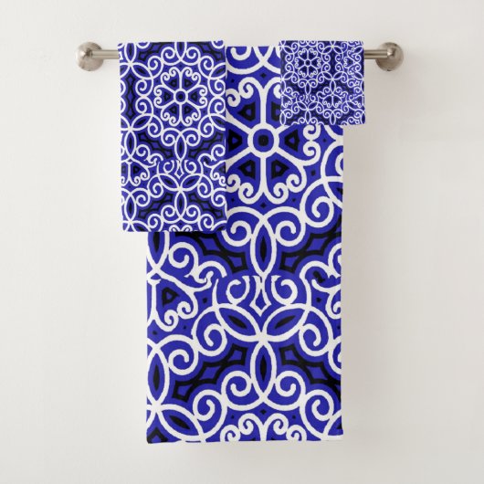 青と白のタイルスペインのパターン バスタオルセット (インサイチュ)