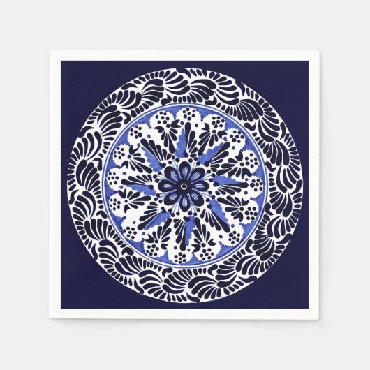 青と白のタラベラキュアトロ スタンダードカクテルナプキン (正面)