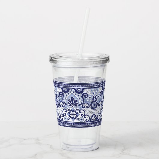 青と白のタラベラメキシコフォークアートマグパペ アクリルタンブラー (裏面)