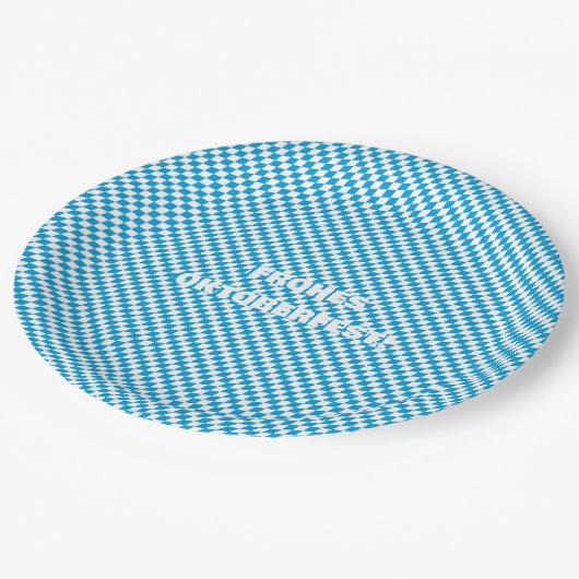 青と白のダイヤモンドローゼンジパターンオクトーバーフェスト ペーパープレート (アングル)