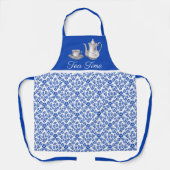 青と白のダマスクと茶のポットとカップ エプロン (正面)