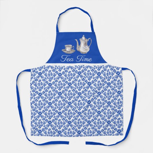 青と白のダマスクと茶のポットとカップ エプロン (正面)