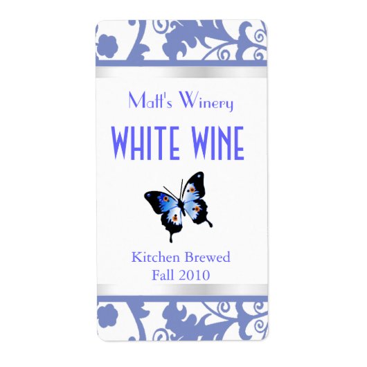 青と白のダマスクと蝶ワインラベル ラベル (正面)