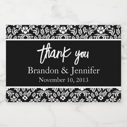 青と白のダマスクのカスタムウェディングウィンきらめくドウ スパークリングワインラベル (シングルラベル)