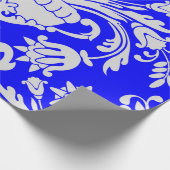 青と白のダマスクのフローラエレガント分離 ラッピングペーパー (角)