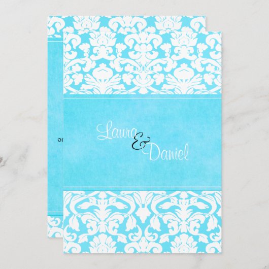 青と白のダマスクウェディング招待状 招待状 (正面/裏面)