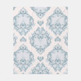 青と白のダマスクフローラ フリースブランケット