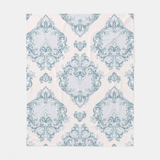 青と白のダマスクフローラ フリースブランケット (正面)