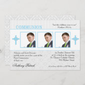 青と白のダマスク写真会 招待状 (正面/裏面)