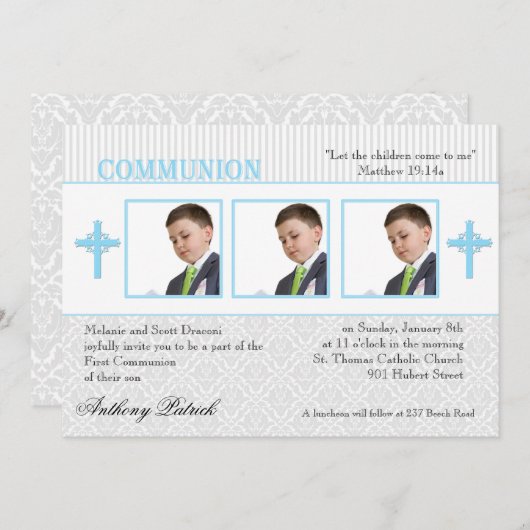 青と白のダマスク写真会 招待状 (正面/裏面)