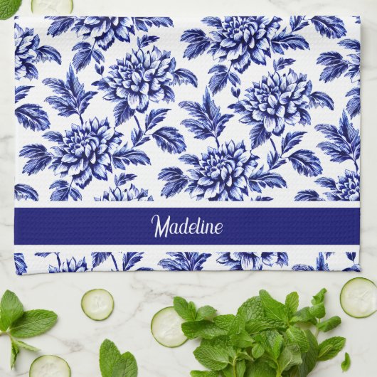 青と白のダリアフラワーズトイレデジュイ キッチンタオル (折り畳み)