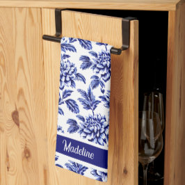 青と白のダリアフラワーズトイレデジュイ キッチンタオル