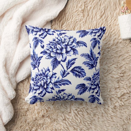 青と白のダリアフラワーズトイレデジュイ クッション (ブランケット)