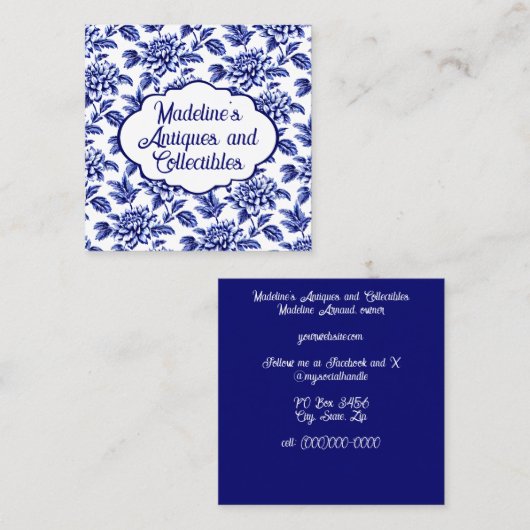 青と白のダリアフラワーズトイレデジュイ スクエア名刺 (正面/裏面)