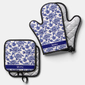 青と白のダリアフラワーズトイレデジュイ 鍋つかみ&鍋敷きセット (正面/裏面)