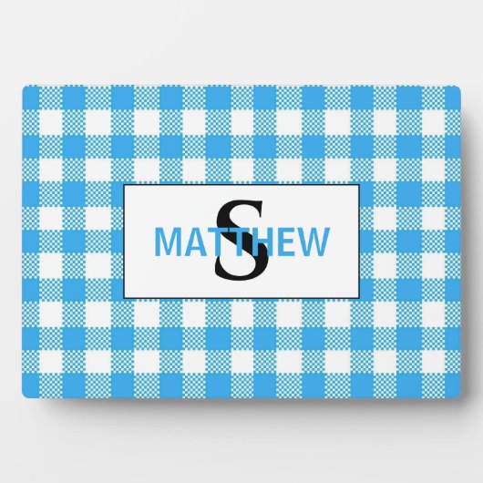 青と白のチェック柄イニシャルモノグラム 名前入り フォトプラーク (正面)