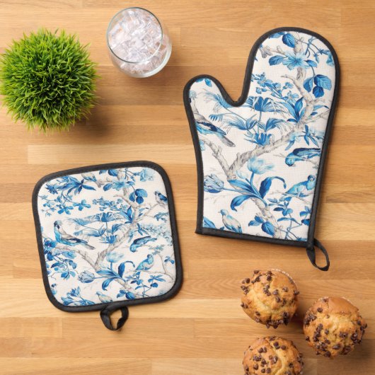 青と白のチノワスリーの鳥のエレガントフローラ 鍋つかみ&鍋敷きセット (トップダウン)