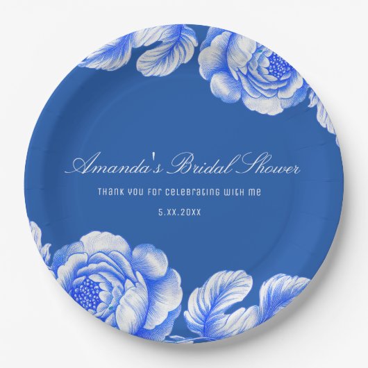 青と白のチノワセリーブライダルシャワー ペーパープレート (正面)
