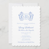 青と白のチノワセリーモノグラムブライダルシャワー 招待状 (正面)