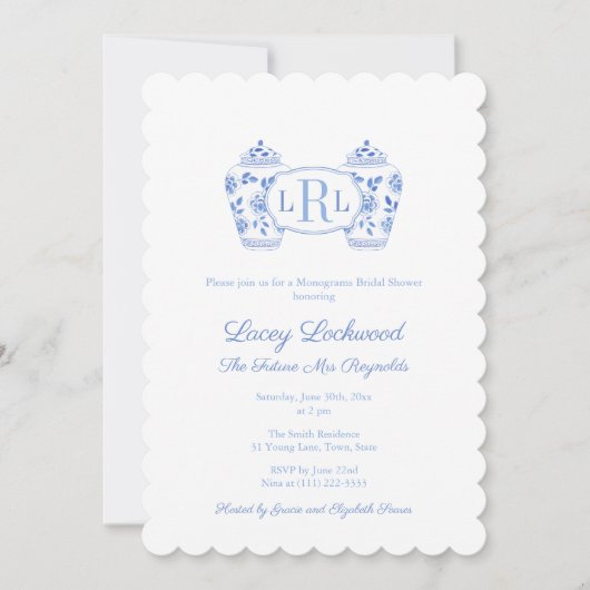 青と白のチノワセリーモノグラムブライダルシャワー 招待状 (正面)
