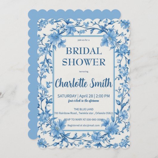 青と白のチャイナペイントのアンティーク ブライダルシャワー セーブザデート (正面/裏面)