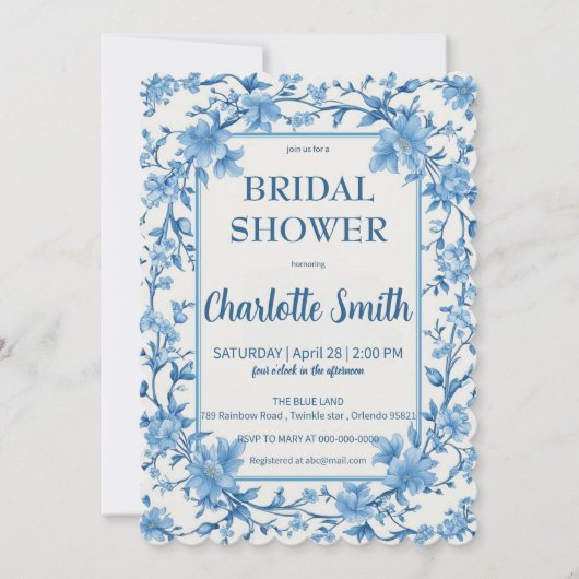 青と白のチャイナペイントのアンティーク ブライダルシャワー セーブザデート (正面)